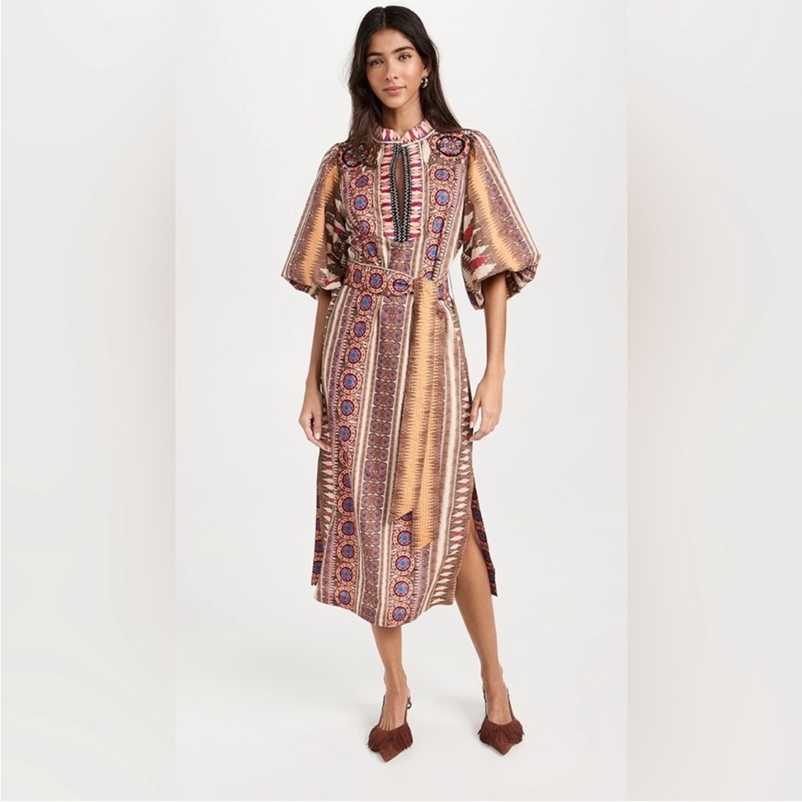 Figue Dani Belted Embroidered Studded Ikat Brown Cotton Midi Dress L Nwt $648